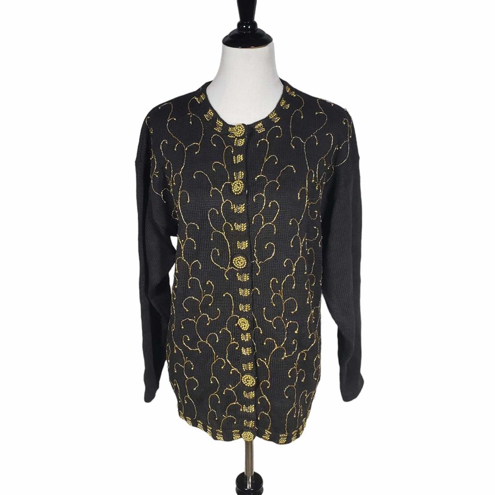 Victoria Harbour Vintage Medium Black and Gold Beaded Knit Cardigan AS IS